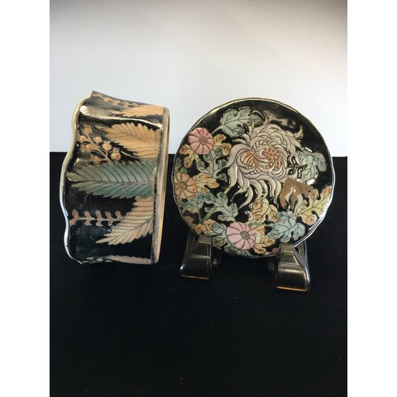 Vintage Japanese Ceramic Trinket Box with Lid Round Floral Design Decorative - Picture 12 of 12